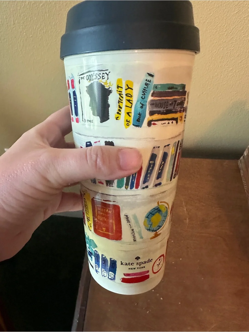 kate spade Cream Travel Tumbler with Book & Globe Motif